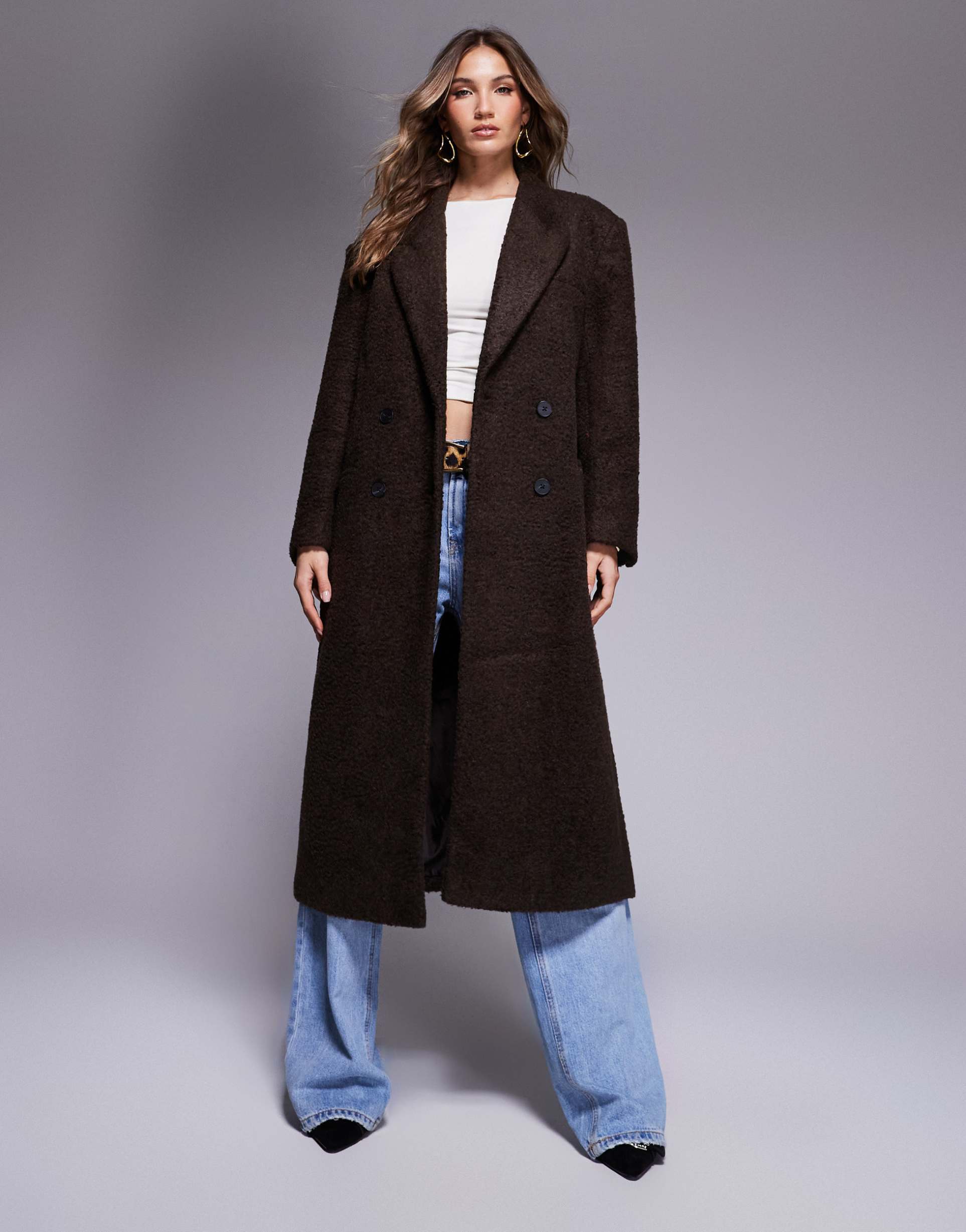 asos design cozy boucle dad coat in chocolate