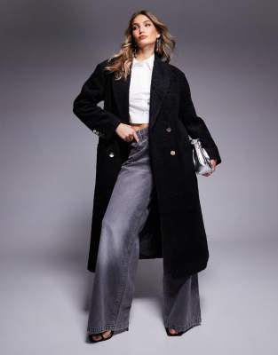 Asos Design Cozy Boucle Dad Coat In With Gold Buttons In Black-green