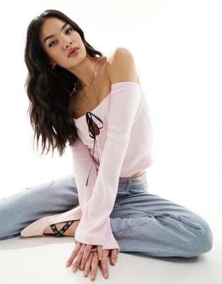 Asos Design Cozy Brushed Bardot Top In Pink