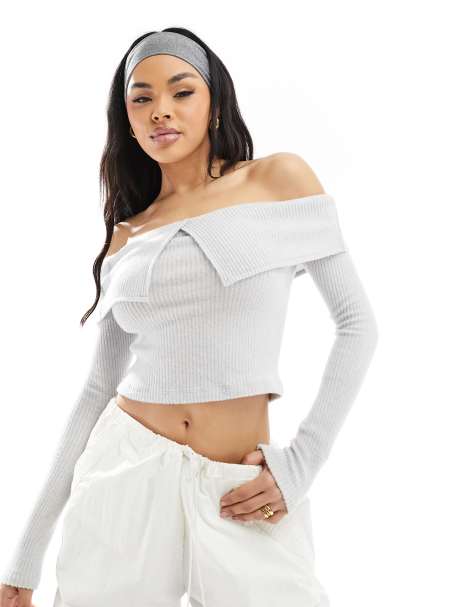 ASOS DESIGN cozy knit fold over bardot top in gray - view 1