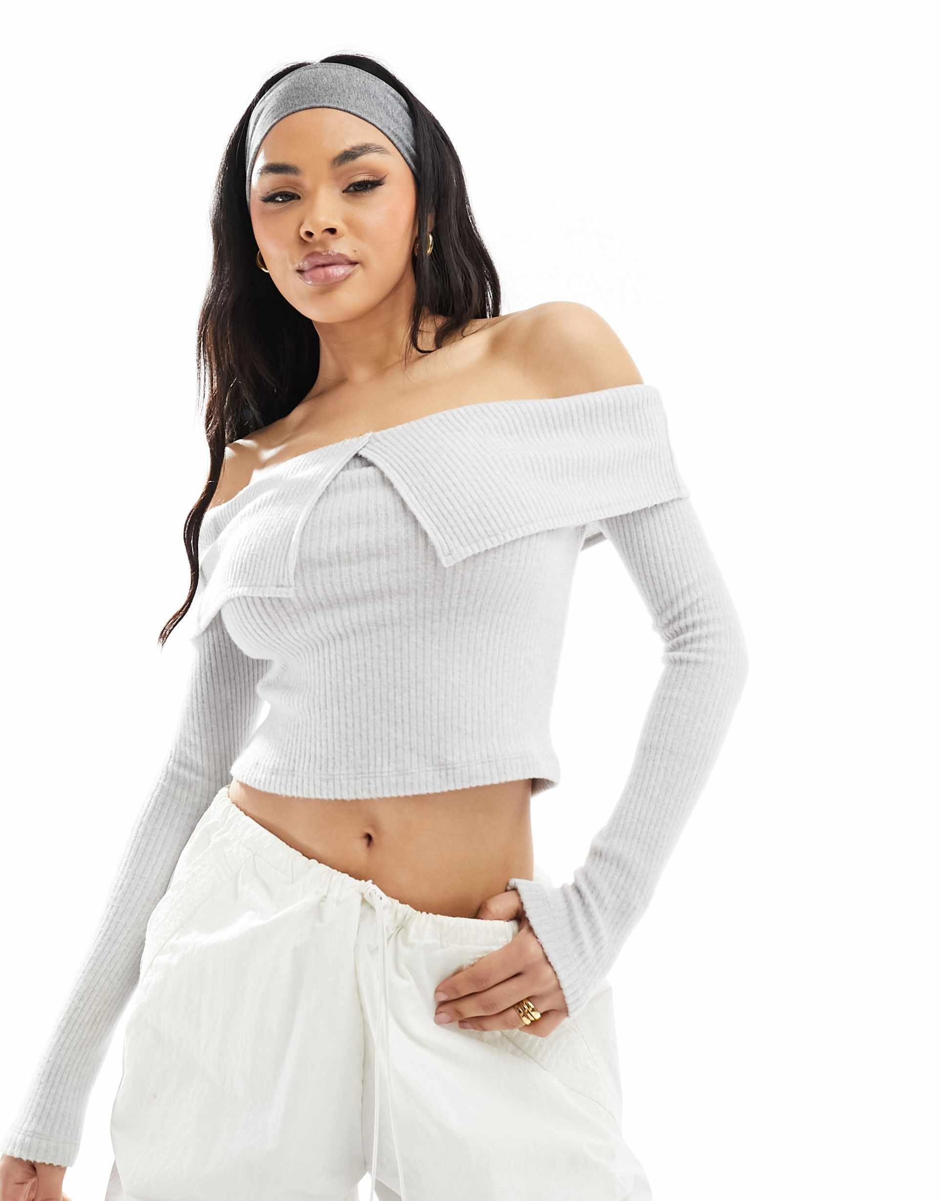 asos design cozy knit fold over bardot top in gray