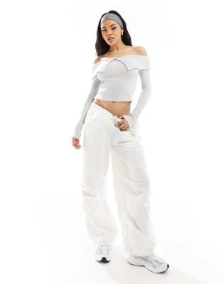 Asos Design Cozy Knit Fold Over Bardot Top In Gray