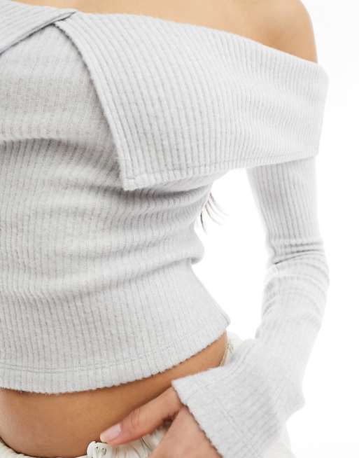 ASOS DESIGN cozy knit fold over bardot top in gray, 3 of 4