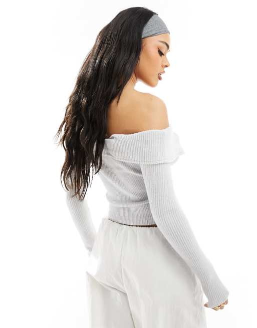 ASOS DESIGN cozy knit fold over bardot top in gray, 4 of 4