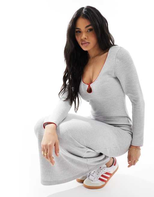 ASOS DESIGN cozy knit maxi dress with red trim in gray