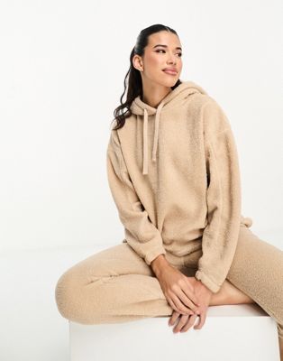 ASOS DESIGN cozy lounge borg hoodie w& sweatpants set in camel