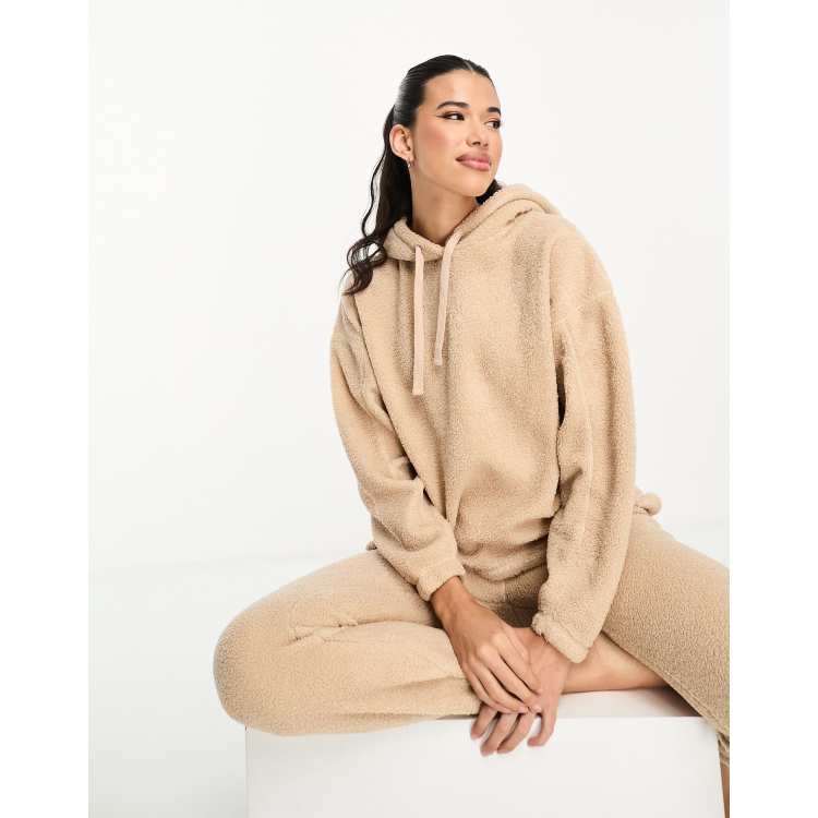 ASOS DESIGN cozy lounge borg hoodie w& sweatpants set in camel