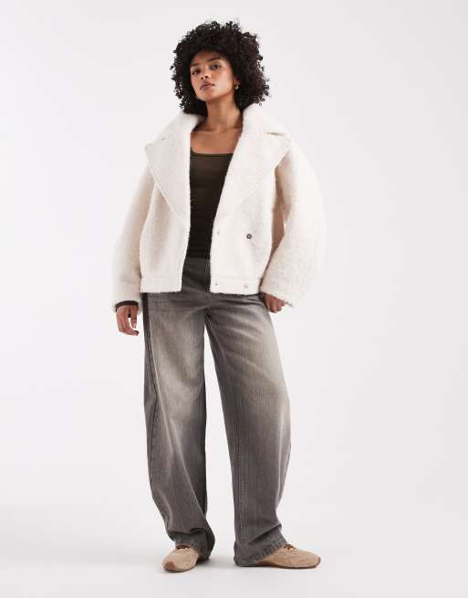 ASOS DESIGN cozy oversized strong shoulder pea coat in cream