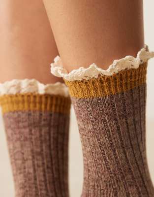 Asos Design Cozy Ribbed Socks With Crochet Frill Edges In Multi