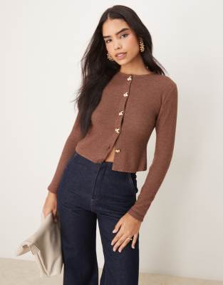Asos Design Cozy Supersoft Cardigan With Gold Button Detail In Brown