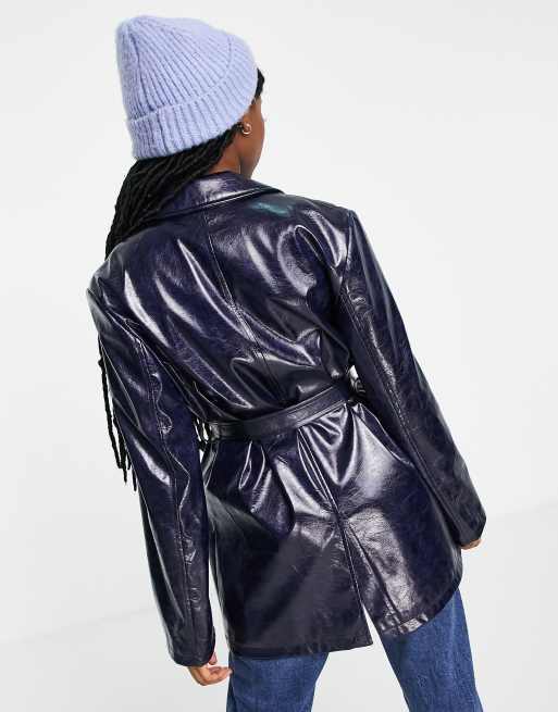 ASOS DESIGN cracked faux leather jacket in dark blue