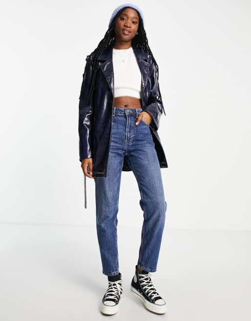 ASOS DESIGN cracked faux leather jacket in dark blue