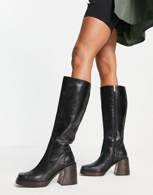 ASOS DESIGN Cracking leather mid-heel knee boots in black | ASOS