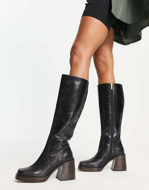 ASOS DESIGN Cracking leather mid-heel knee boots in black