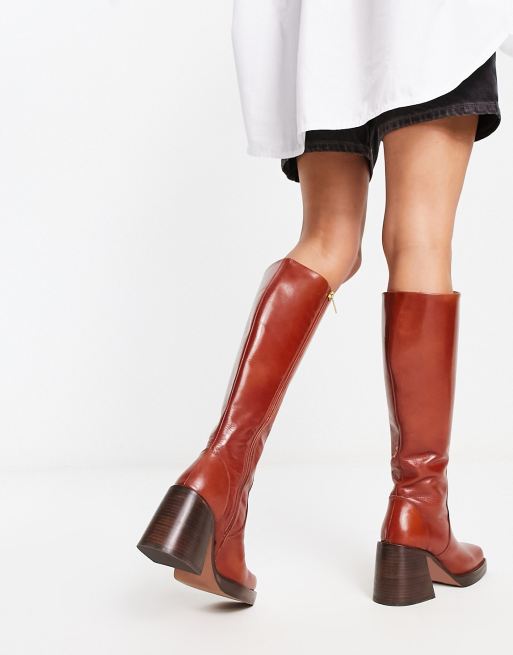 ASOS DESIGN Cracking leather mid-heel knee boots in brown