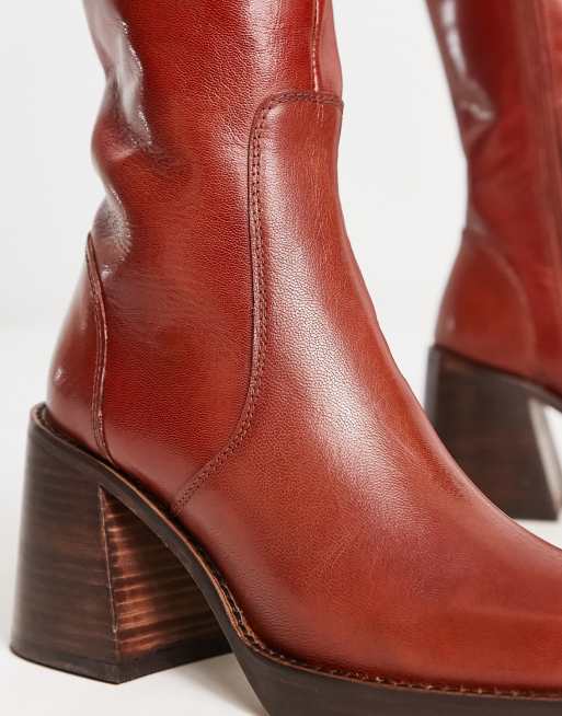 Brown Embossed leather mid-calf boots