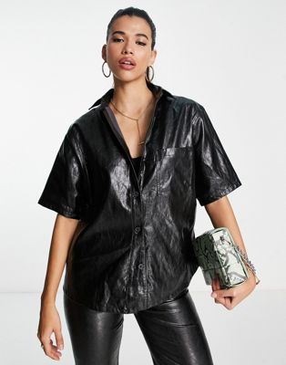 ASOS DESIGN crackle faux leather shirt in black co-ord - ASOS Price Checker