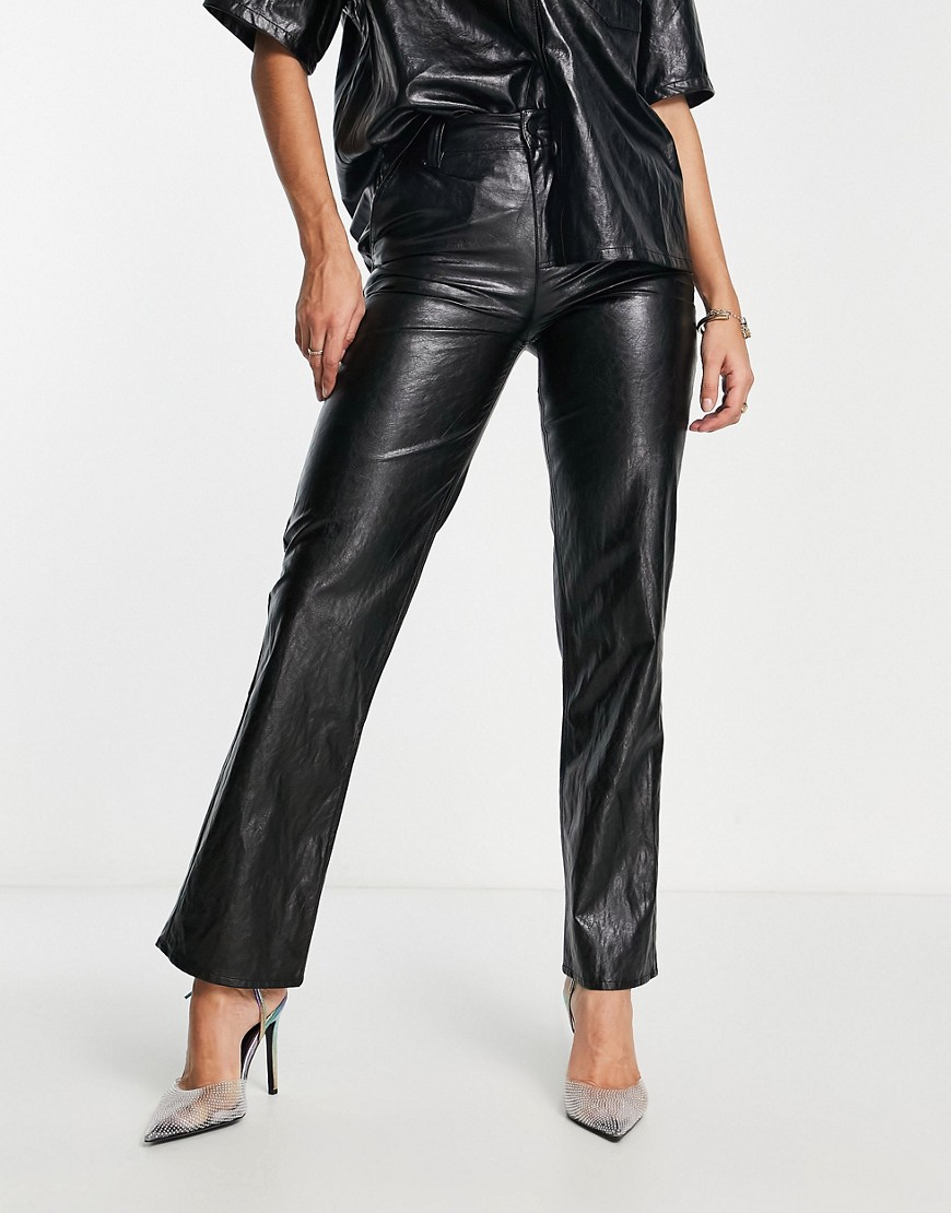 Asos Design Crackle Faux Leather Straight Leg Pants In Black - Part Of A Set