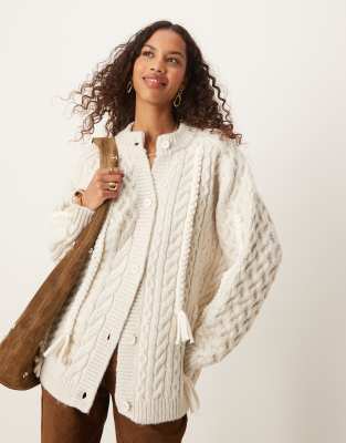 ASOS DESIGN crafter cable cardigan with 3D detail in cream-White