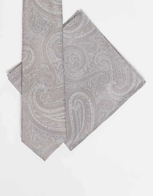 ASOS DESIGN - Cravate et carré de poche à motif cachemire - Taupe