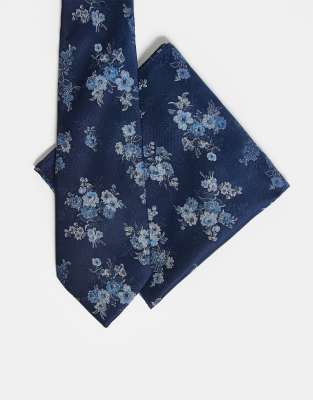 ASOS DESIGN - Cravate et pochette à fleurs - Bleu marine