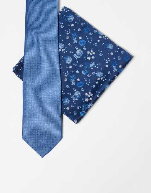 ASOS DESIGN - Cravate fine avec carré de poche à imprimé fleuri - Bleu