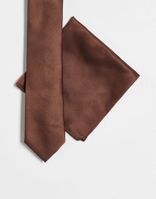 ASOS DESIGN satin slim tie and pocket square in brown - ASOS Price Checker