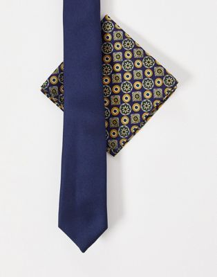 Homme Cravate fine et pochette à imprimé géométrique - Bleu marine