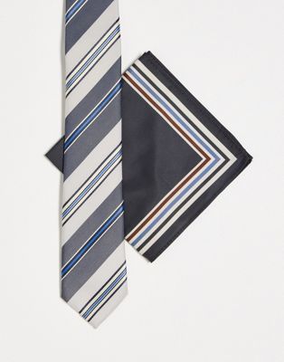 ASOS DESIGN slim tie and pocket square in blue and cream retro stripe - ASOS Price Checker