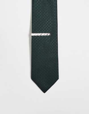 ASOS DESIGN - Cravate texturée avec pince à cravate - Vert foncé