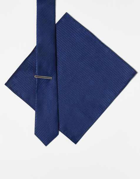 ASOS DESIGN - Cravate texturée en satin et pochette avec épingle - Bleu marine - view 1