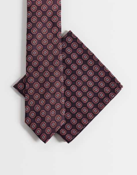 ASOS DESIGN - Cravatta e fazzoletto da taschino con motivo geometrico vintage color bordeaux - view 1