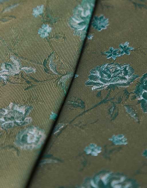 ASOS DESIGN - Cravatta e fazzoletto da taschino kaki con stampa a fiori, 2 di 3