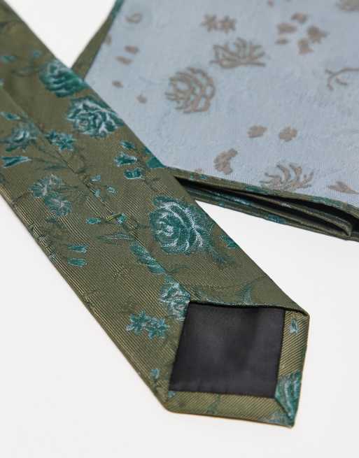 ASOS DESIGN - Cravatta e fazzoletto da taschino kaki con stampa a fiori, 3 di 3