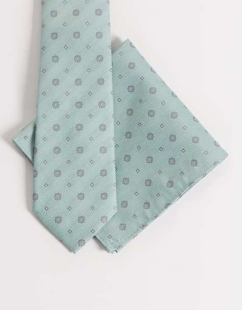ASOS DESIGN - Cravatta e fazzoletto da taschino verde salvia con stampa vintage - view 1