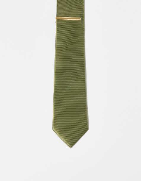 ASOS DESIGN - Cravatta in raso verde con fermacravatta - view 1