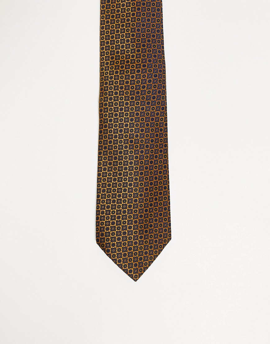 Cravatta larga rétro con stampa geometrica a fiori color oro e blu navy-Multicolore - ASOS DESIGN Cravatta uomo Multicolore