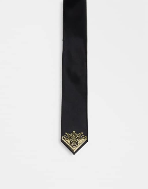 ASOS DESIGN - Cravatta nera con dettagli oro metallizzato