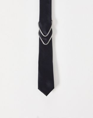 Cravatta skinny nera con dettaglio con catenina argento Asos Uomo Accessori Cravatte e accessori Cravatte 