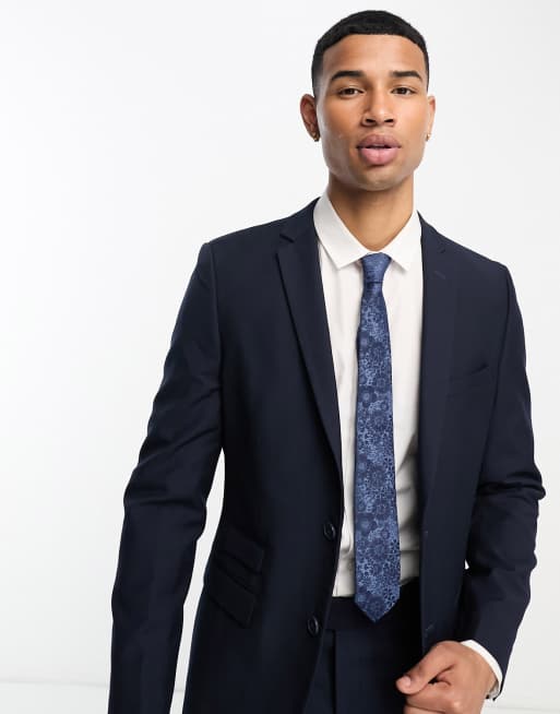 ASOS DESIGN Cravatta slim blu navy a fiori tono su tono ASOS