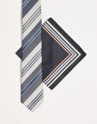 Set cravatta e fazzoletto da taschino quadrato, in 100% seta, per matrimonio e occasioni formali Bianco Blue & white Stripe