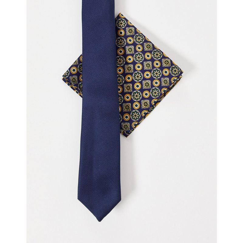 Accessori Cravatte DESIGN - Cravatta slim e fazzoletto da taschino blu navy con motivo geometrico