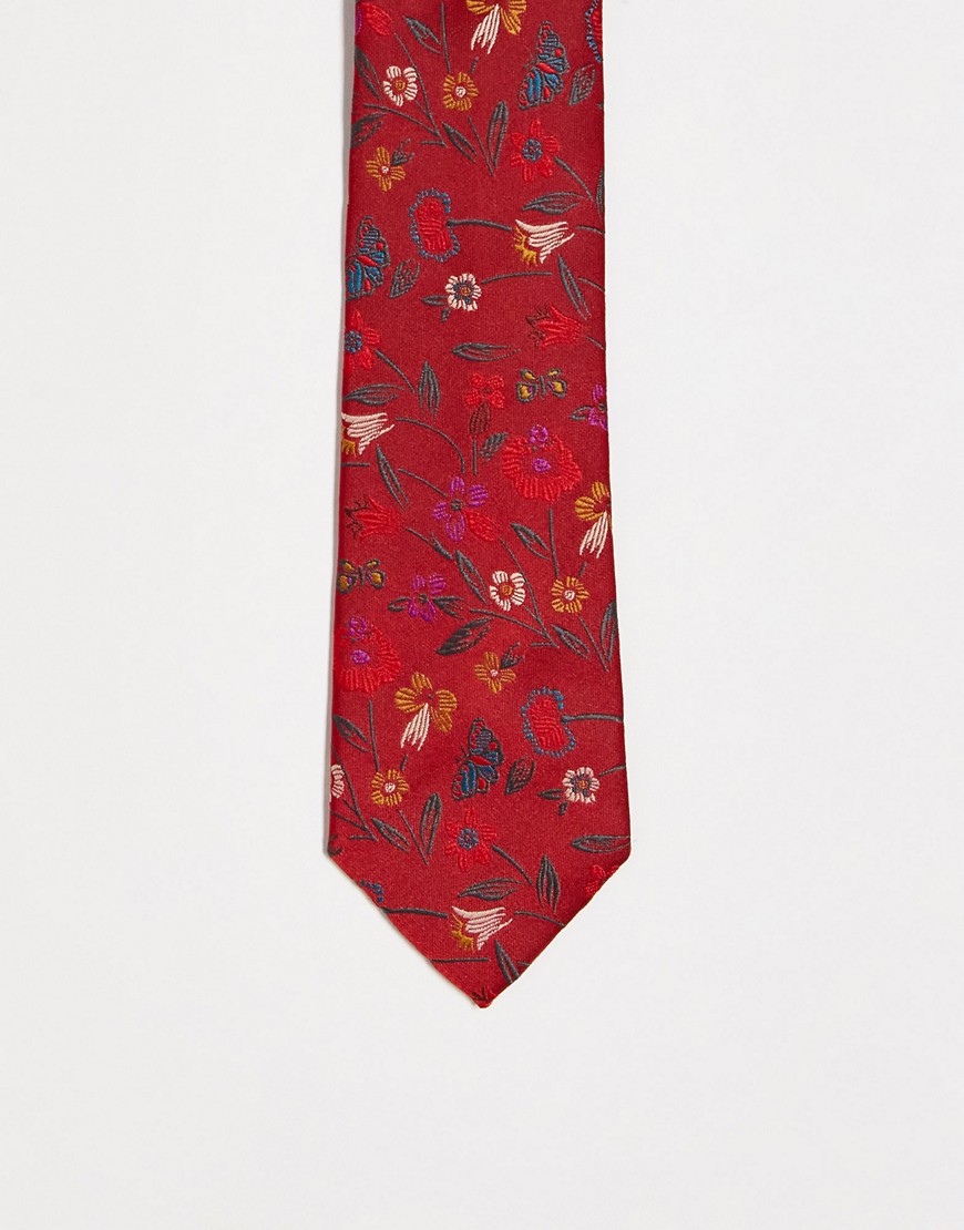 ASOS DESIGN - Cravatta sottile bordeaux a fiori-Rosso Cravatta uomo Rosso