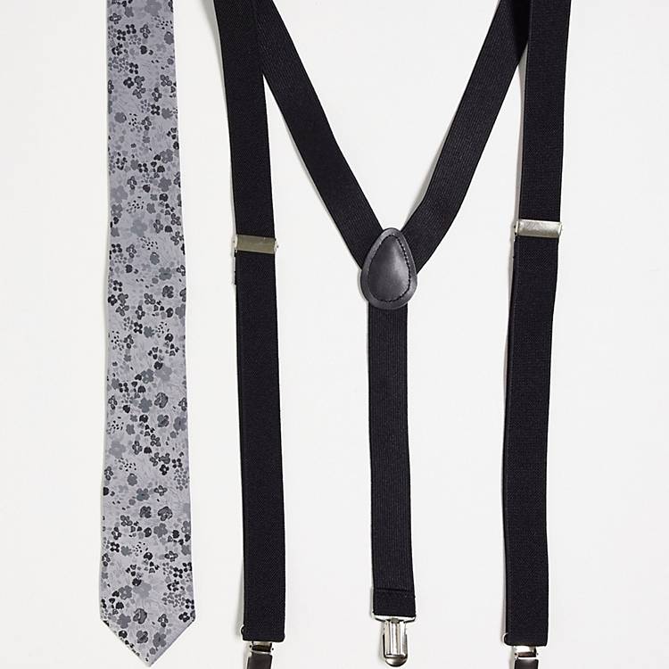 Cravatta sottile color argento a fiori e bretelle nere Asos Uomo Accessori Cravatte e accessori Cravatte 