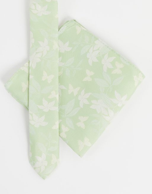ASOS DESIGN - Cravatta sottile con fazzoletto da taschino verde a fiori