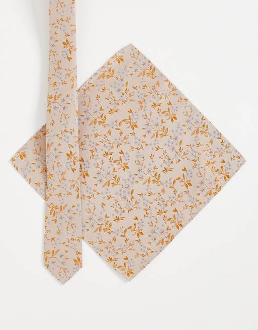 ASOS DESIGN - Cravatta sottile e fazzoletto da taschino a fiori oro