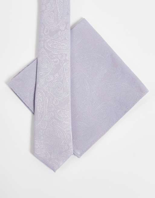ASOS DESIGN - Cravatta sottile e fazzoletto da taschino argento con stampa cachemire