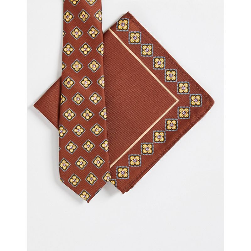Fl7Zz Uomo DESIGN - Cravatta sottile e fazzoletto da taschino con stampa rétro