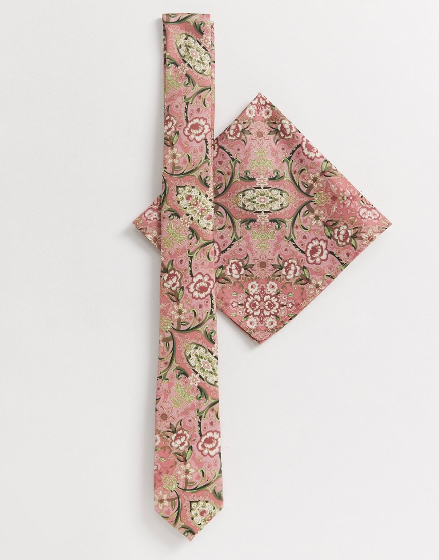 ASOS DESIGN - Cravatta sottile e fazzoletto da taschino con stampa rosa a fiori