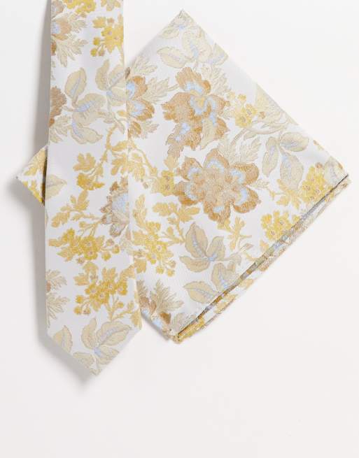 ASOS DESIGN - Cravatta sottile e fazzoletto da taschino écru con stampa a fiori